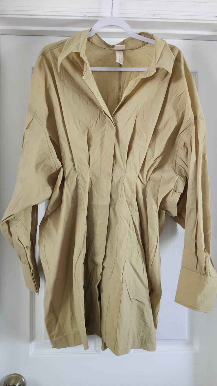 H&M Gathered Poplin Shirt Dress Tan Khaki Beige Cinched Waist Size XL / TG #348